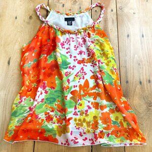 Apostrophe Floral Top Tank with Braided Neckline XL Orange‎ Green White